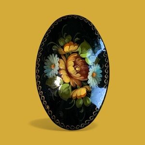 Vintage Russian Hand Painted Lacquer Floral Brooch Pin - Signed